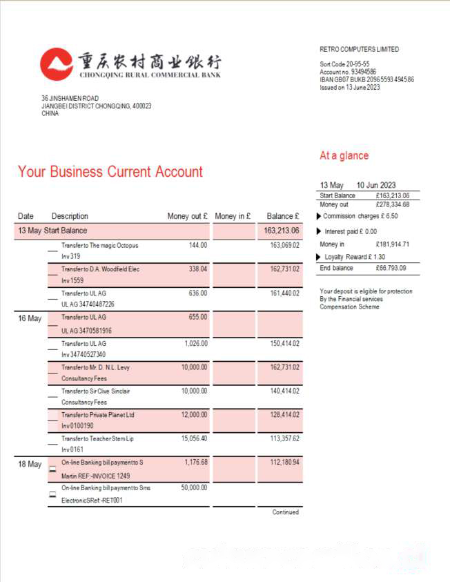 Chongqing Rural Commercial Bank firm account statement Word and PDF template download template file