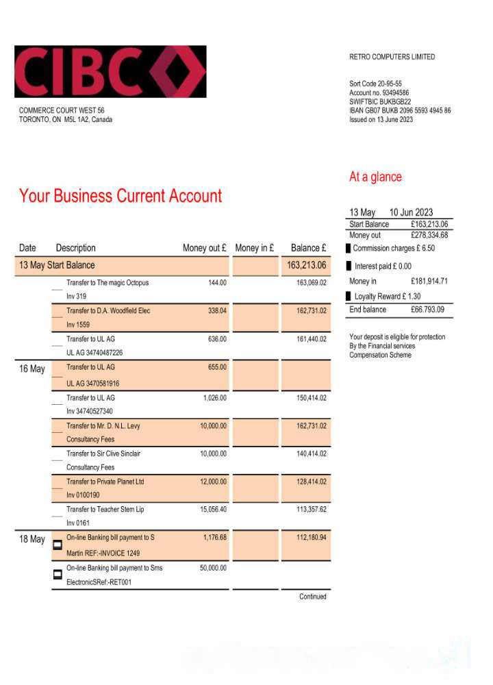 CIBC Bank company checking account statement Word and PDF template download template file