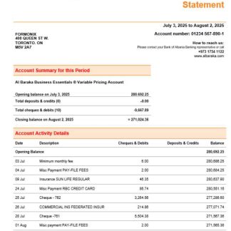 Al Baraka business bank company account statement Word and PDF format download template file