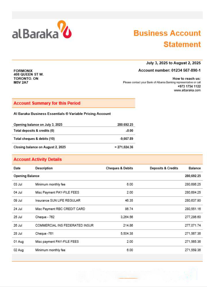 Al Baraka business bank company account statement Word and PDF format download template file