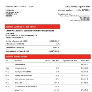 CIMB Niaga Bank business checking account statement Word and PDF template download template file
