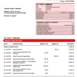 Citadele banka Eesti filiaal AS business account statement Word and PDF template download template file
