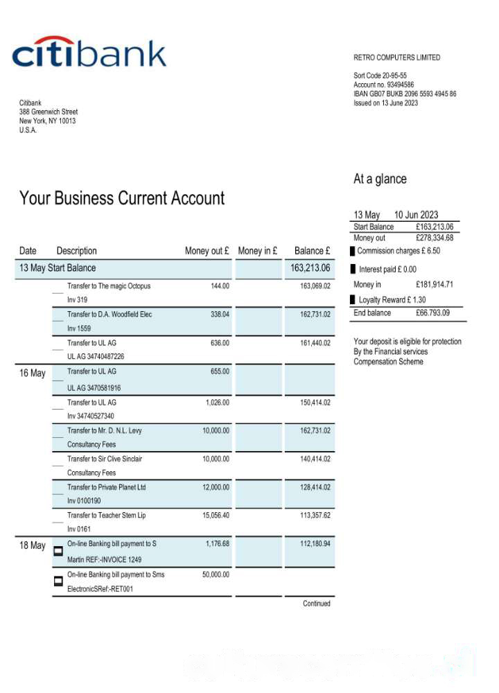 Citibank bank business account statement Word and PDF template download template file