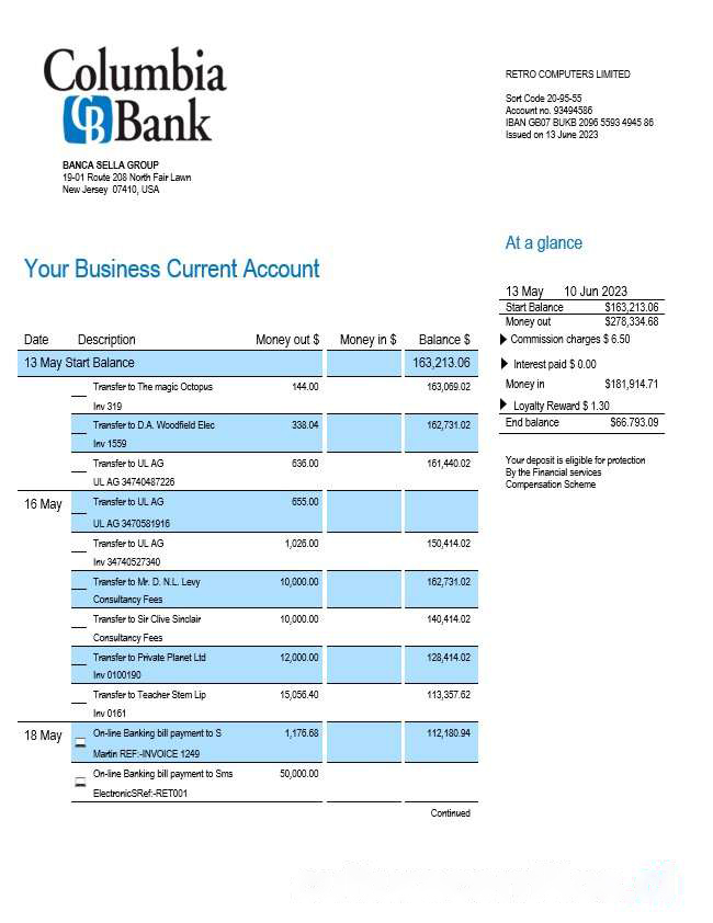 Columbia Bank enterprise account statement Word and PDF template download template file