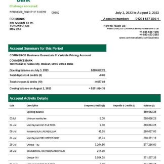 Commerce Bank firm account statement Word and PDF template download template file