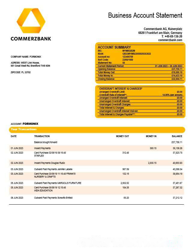 Commerzbank company checking account statement Word and PDF template download template file
