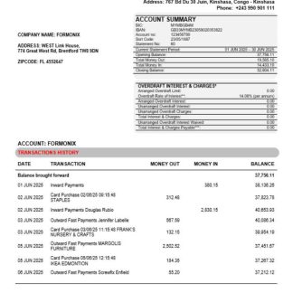 Congo Afriland First Bank business firm account bank statement Word and PDF format download template file
