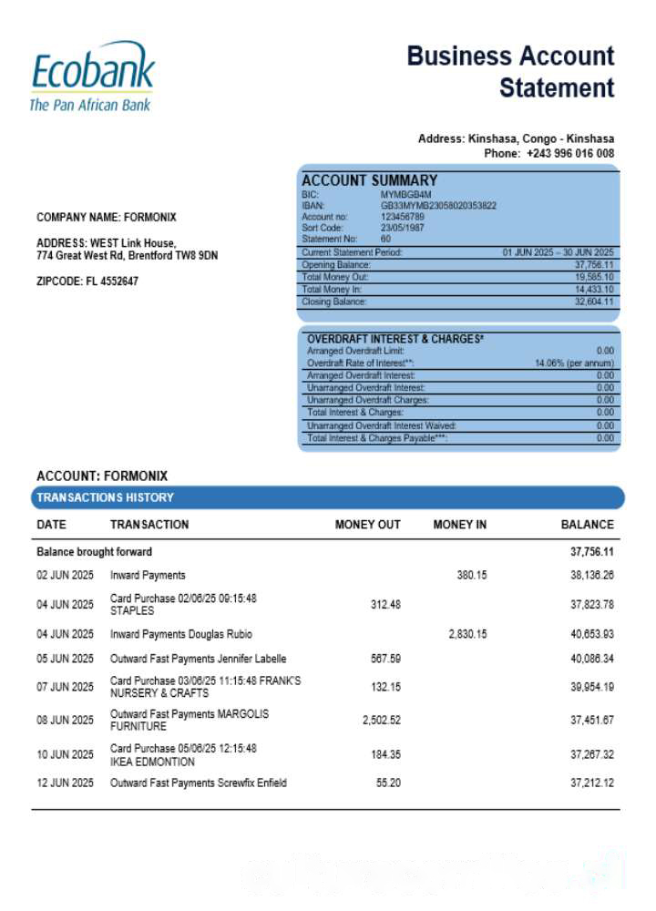 Congo Ecobank firm account statement Word and PDF template download template file