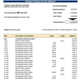 Costa Rican Banco Improsa bank firm account statement Word and PDF template download template file
