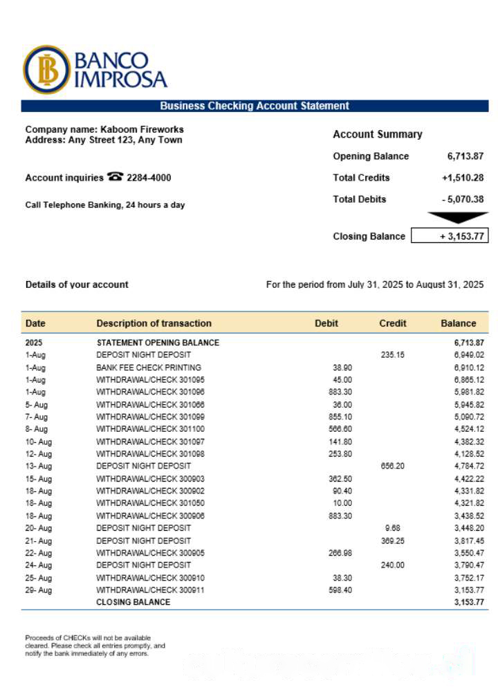 Costa Rican Banco Improsa bank firm account statement Word and PDF template download template file
