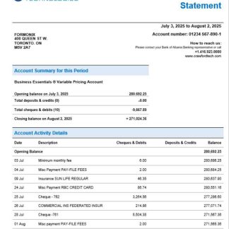 CrawfordTech business bank statement Word and PDF format download template file