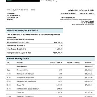 Credit Agricole Bank enterprise checking account statement Word and PDF template download template file