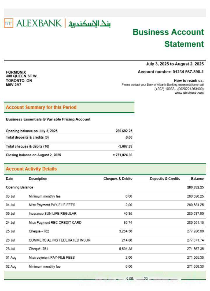 Alex bank company statement Word and PDF format download template file