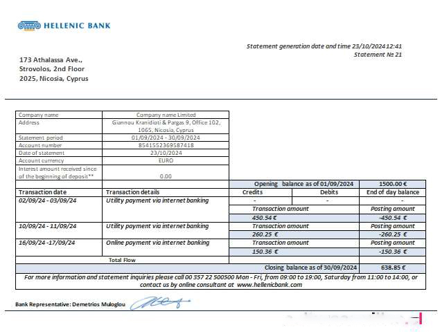 Cyprus Hellenic bank business bank statement scr download template file