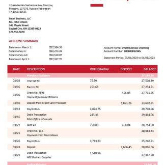 Alfa Bank organization checking account statement Word and PDF template download template file