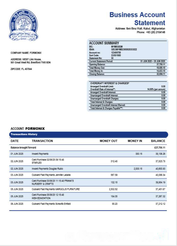Da Afghan Bank (DAB) firm account statement Word and PDF template download template file