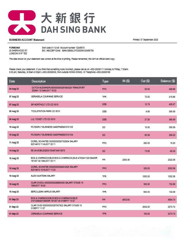 Dah Sing Bank company checking account statement Word and PDF template download template file