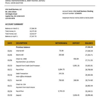 Deutsche Handelsbank firm account statement Word and PDF format download template file