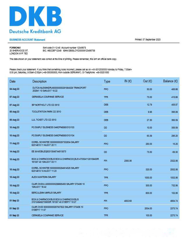 Deutsche Kreditbank organization checking account statement Word and PDF template download template file