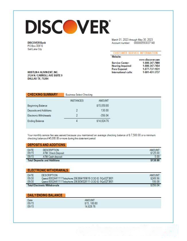 Discover Bank business statement Word and PDF template download template file