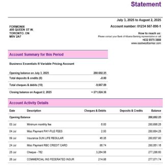 EastWest business firm account statement Word snd PDF format download template file