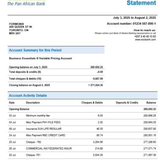 Ecobank organization checking account statement Word and PDF format download template file