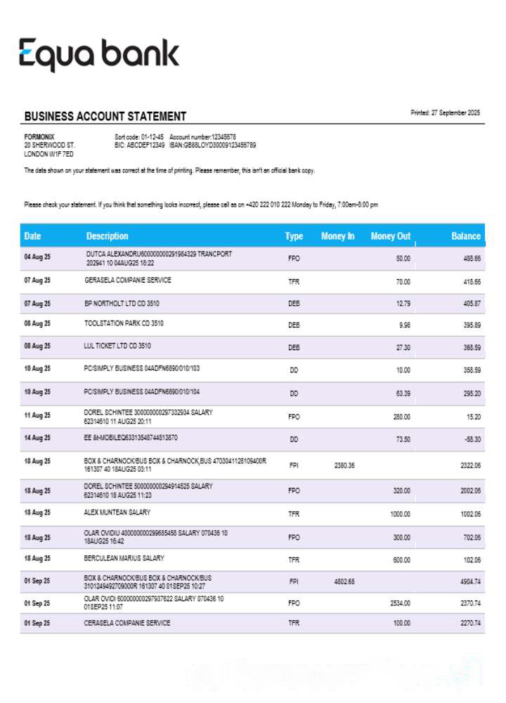Equabank bank firm account statement Word and PDF template download template file