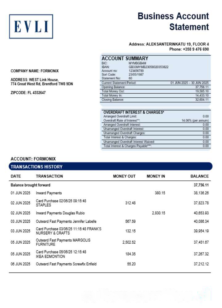 Evli Bank PLC enterprise account statement Word and PDF template download template file