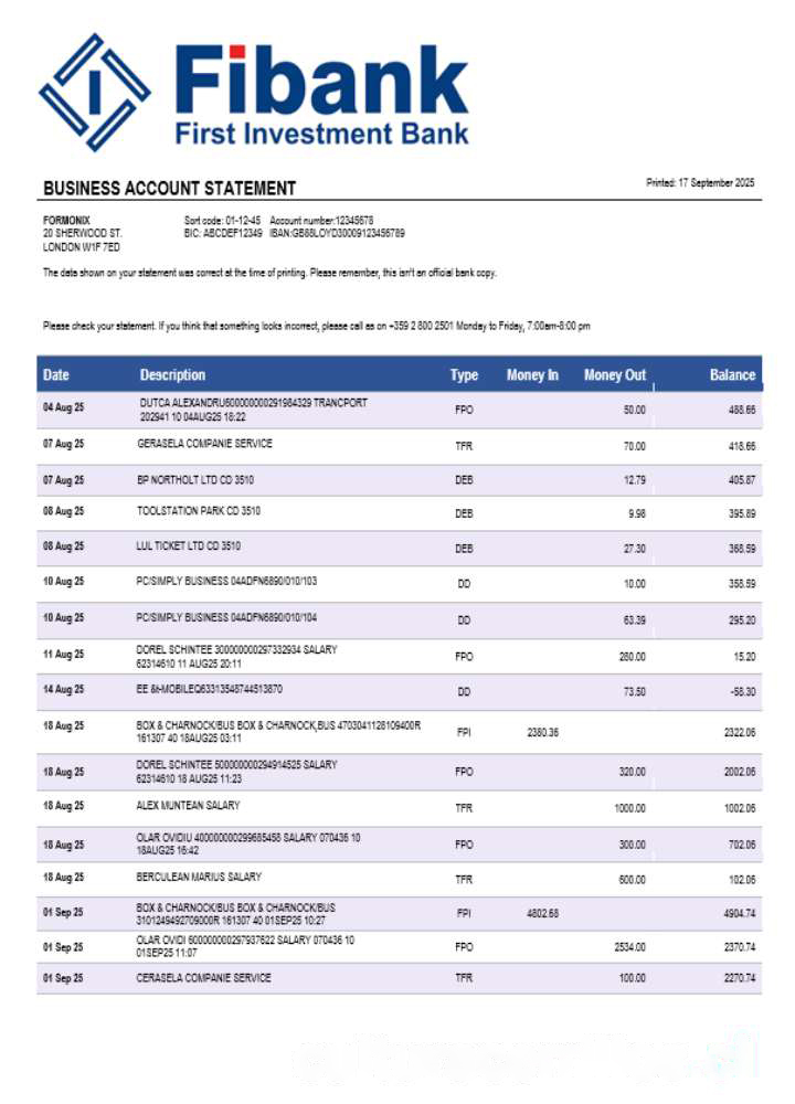 Fibank bank business bank statement Word and PDF format download template file