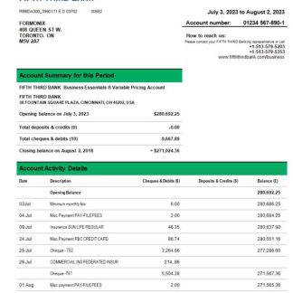 Fifth Third Bank business bank statement Word and PDF template download template file