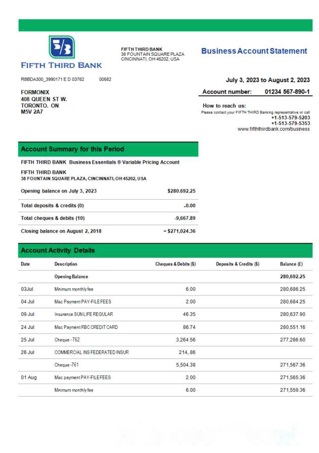 Fifth Third Bank business bank statement Word and PDF template download template file