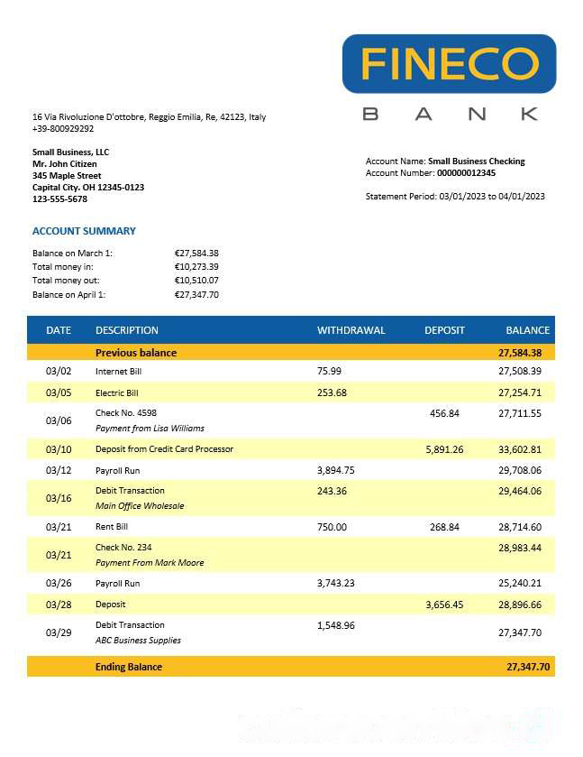 Finecobank company account statement Word and PDF template download template file