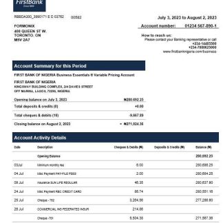 First Bank of Nigeria firm account statement Word and PDF template download template file