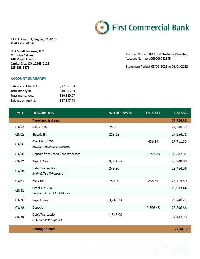 First Commercial Bank company statement Word and PDF template download template file