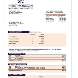 First Horizon Bank company checking account statement Word and PDF template download template file