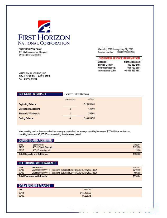 First Horizon Bank company checking account statement Word and PDF template download template file
