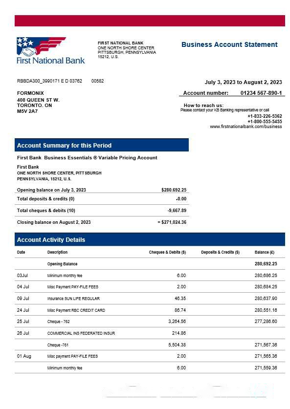 First National Bank firm statement Word and PDF template download template file
