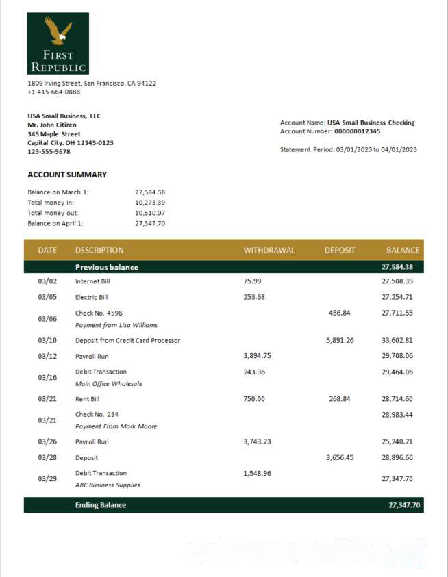 First Republic Bank enterprise statement Word and PDF template download template file