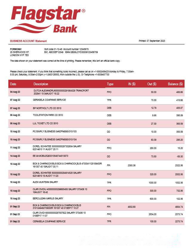 Flagstar Bank organization account statement Word and PDF template download template file
