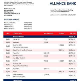 Alliance Bank enterprise account statement Word and PDF template download template file