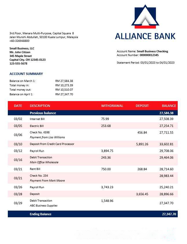 Alliance Bank enterprise account statement Word and PDF template download template file