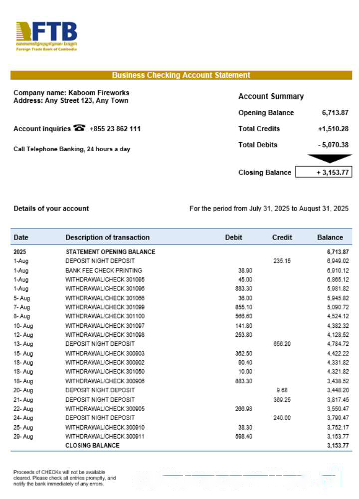 Foreign Trade Bank of Cambodian business bank statement Word and PDF format download template file