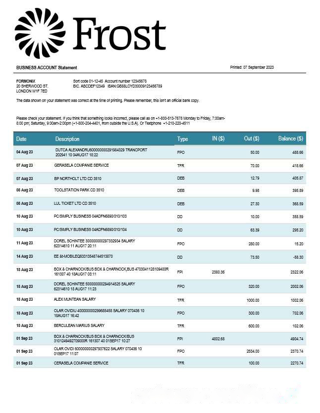 Frost Bankers enterprise account statement Word and PDF template download template file