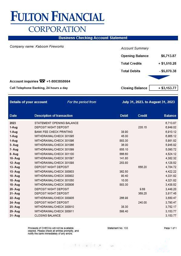Fulton Financial Corporation enterprise account statement Word and PDF template download template file