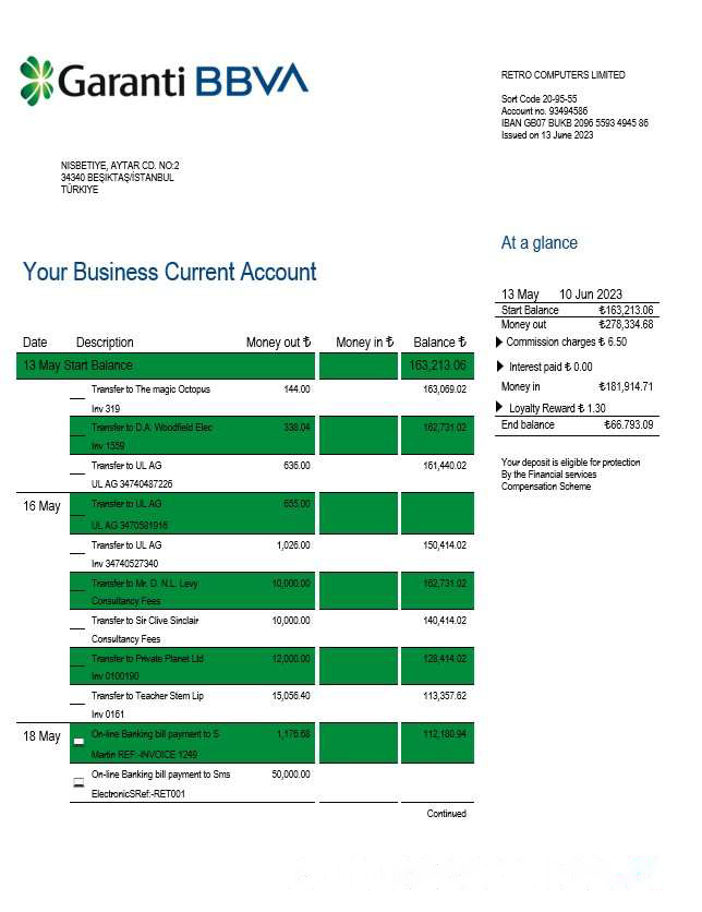 Garanti BBVA Bank enterprise statement Word and PDF template download template file
