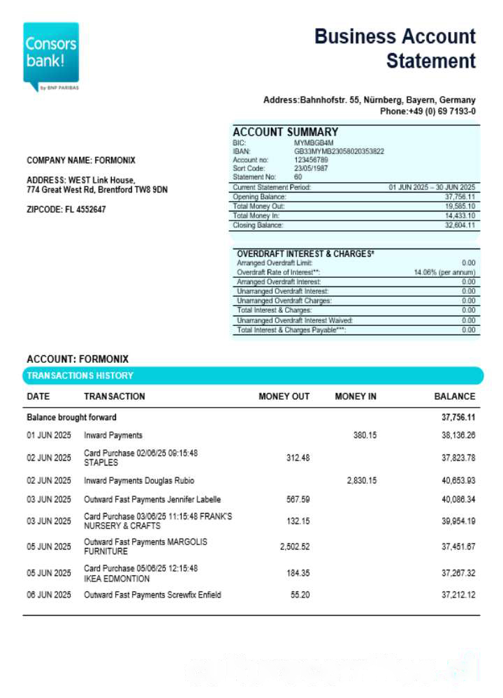 German Consorsbank business organization checking statement Word and PDF format download template file
