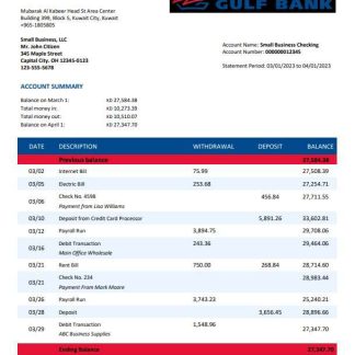 Gulf Bank company account statement Word and PDF template download template file