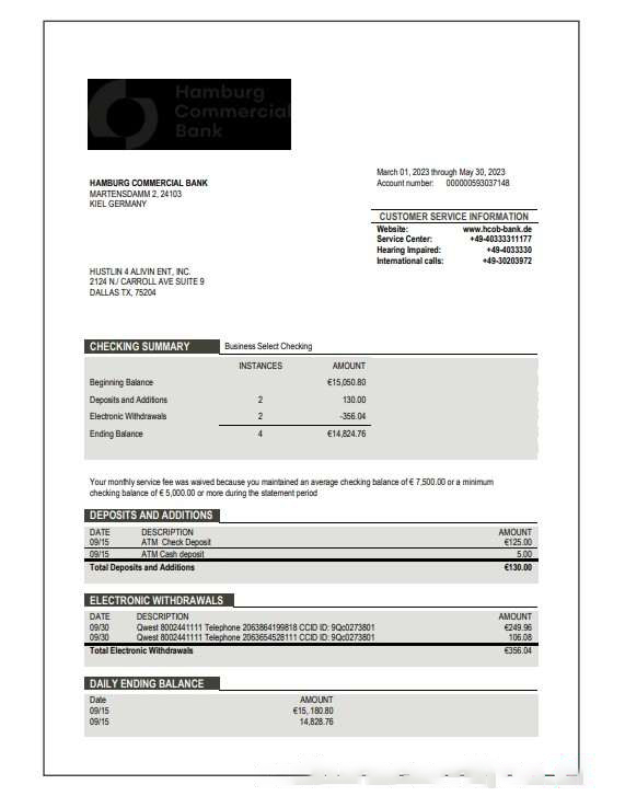 Hamburg Commercial Bank enterprise account statement Word and PDF template download template file