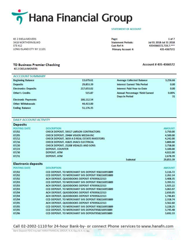 Hana Financial Group firm bank statement Word and PDF template download template file