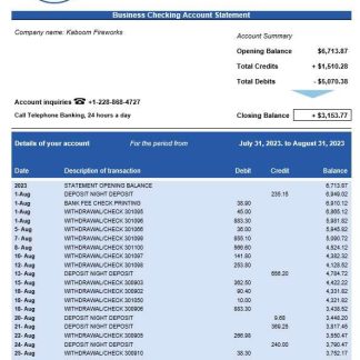 Hancock Whitney Bank business checking account statement Word and PDF template download template file